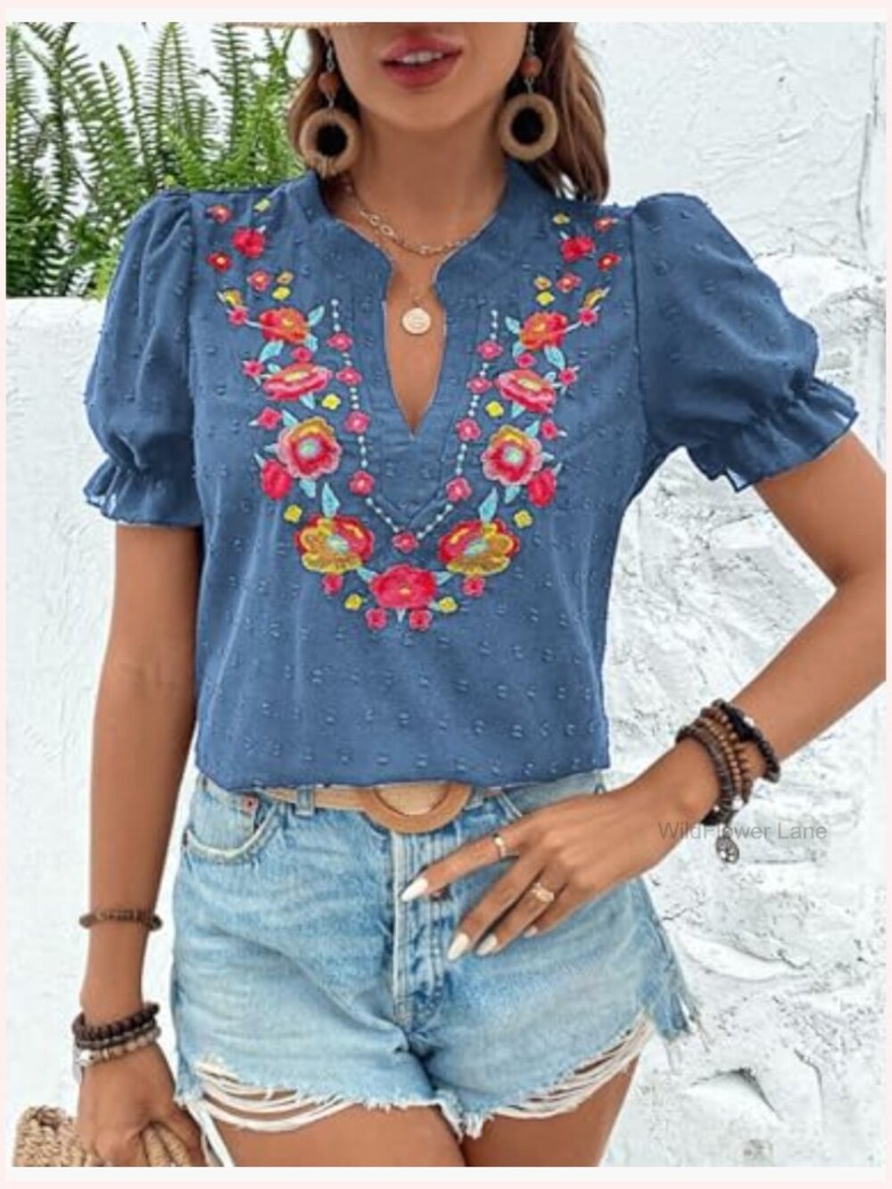 Women's V Neck Puff Sleeve Embroidered Blouse Summer - Picture 2 of 7